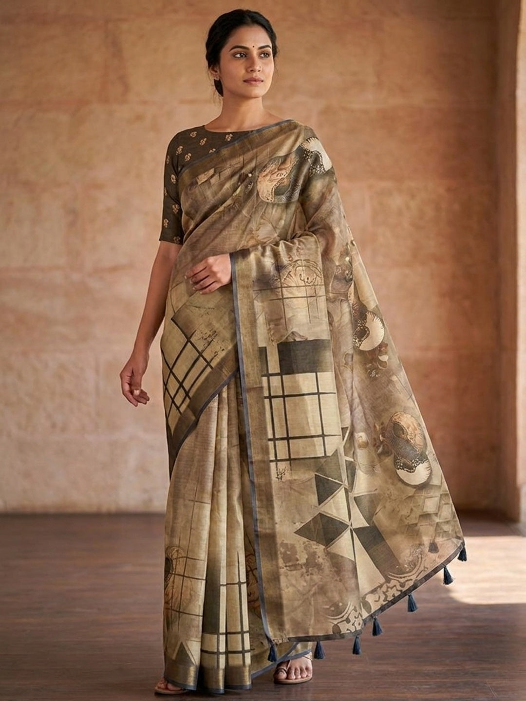 Peachmode Beige Rashna Digital Printed Erode Silk Saree - Image 1