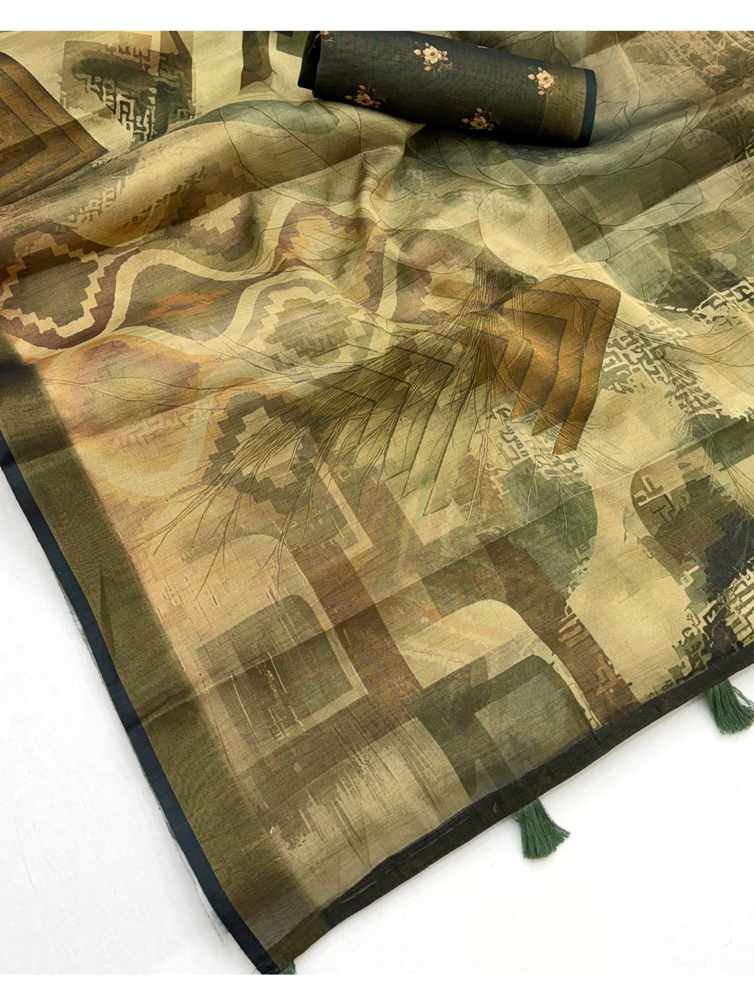 Peachmode Olive Rashna Digital Printed Erode Silk Saree - Image 5