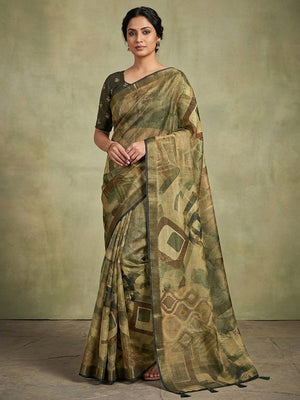 Peachmode Olive Rashna Digital Printed Erode Silk Saree - Image 1