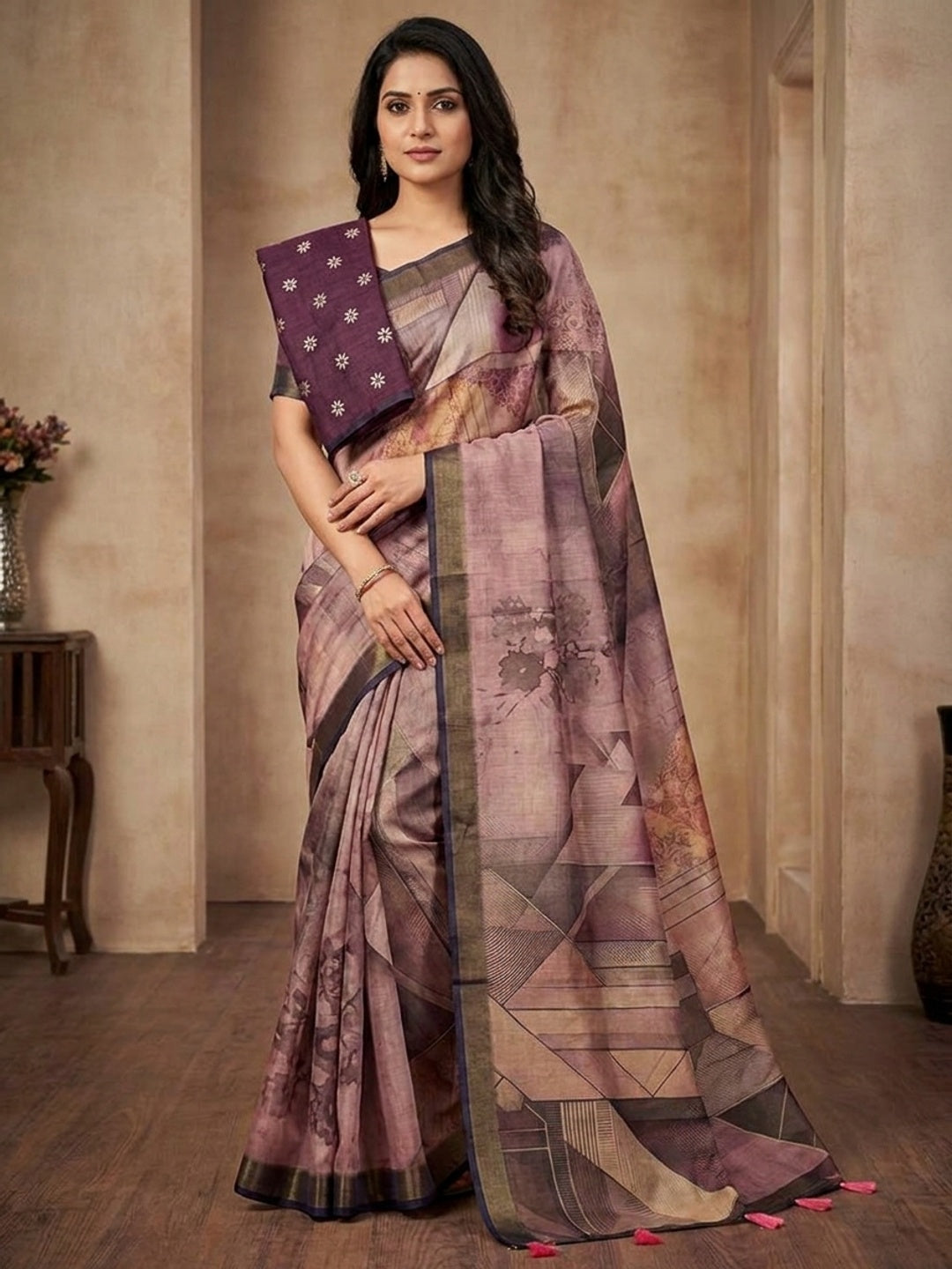 Peachmode Mauve Rashna Digital Printed Erode Silk Saree - Image 1