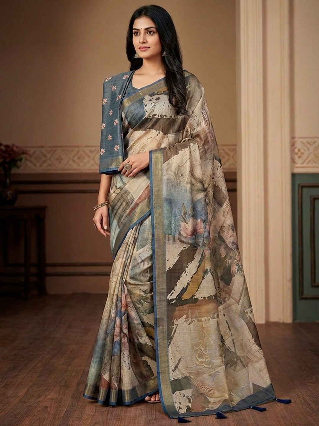 Peachmode Beige Rashna Digital Printed Erode Silk Saree - Image 1