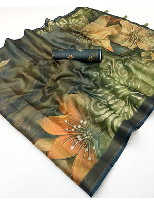 Peachmode Dark Green Rashna Digital Printed Erode Silk Saree - Image 2