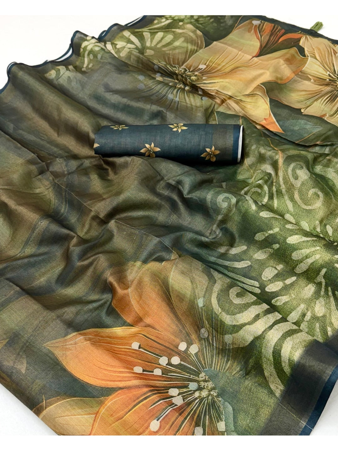 Peachmode Dark Green Rashna Digital Printed Erode Silk Saree - Image 4