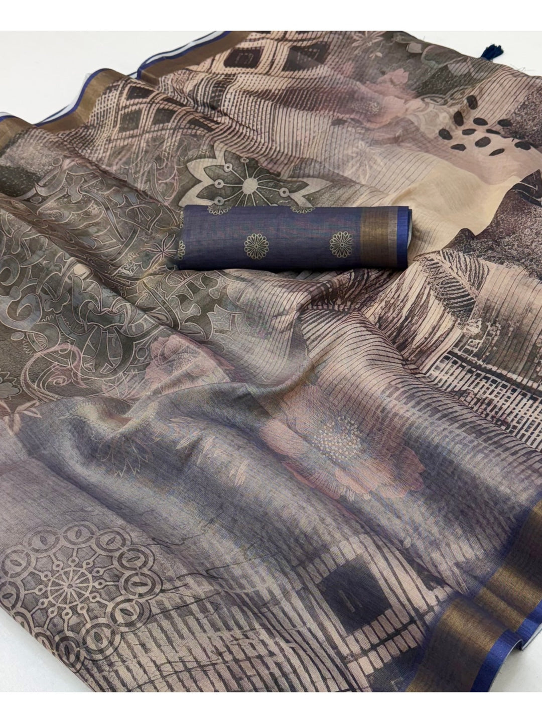 Peachmode Grey Rashna Digital Printed Erode Silk Saree - Image 4
