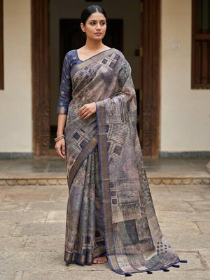 Peachmode Grey Rashna Digital Printed Erode Silk Saree - Image 1
