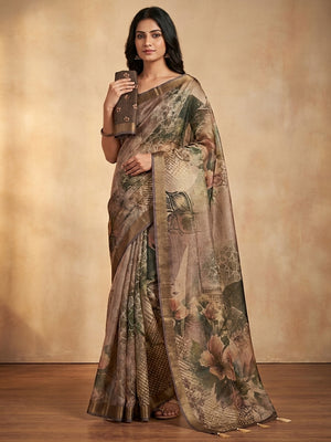 Peachmode Brown Rashna Digital Printed Erode Silk Saree - Image 1