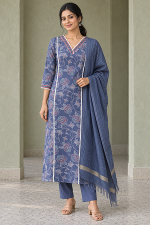 Peachmode Blue Viscose Blend Floral Printed Salwar Suit - Image 1