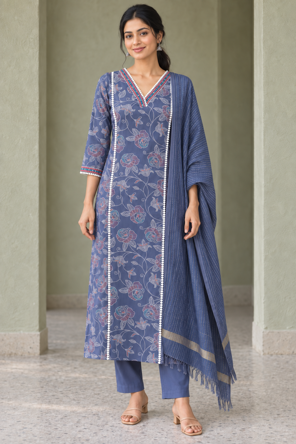 Peachmode Blue Viscose Blend Floral Printed Salwar Suit - Image 2