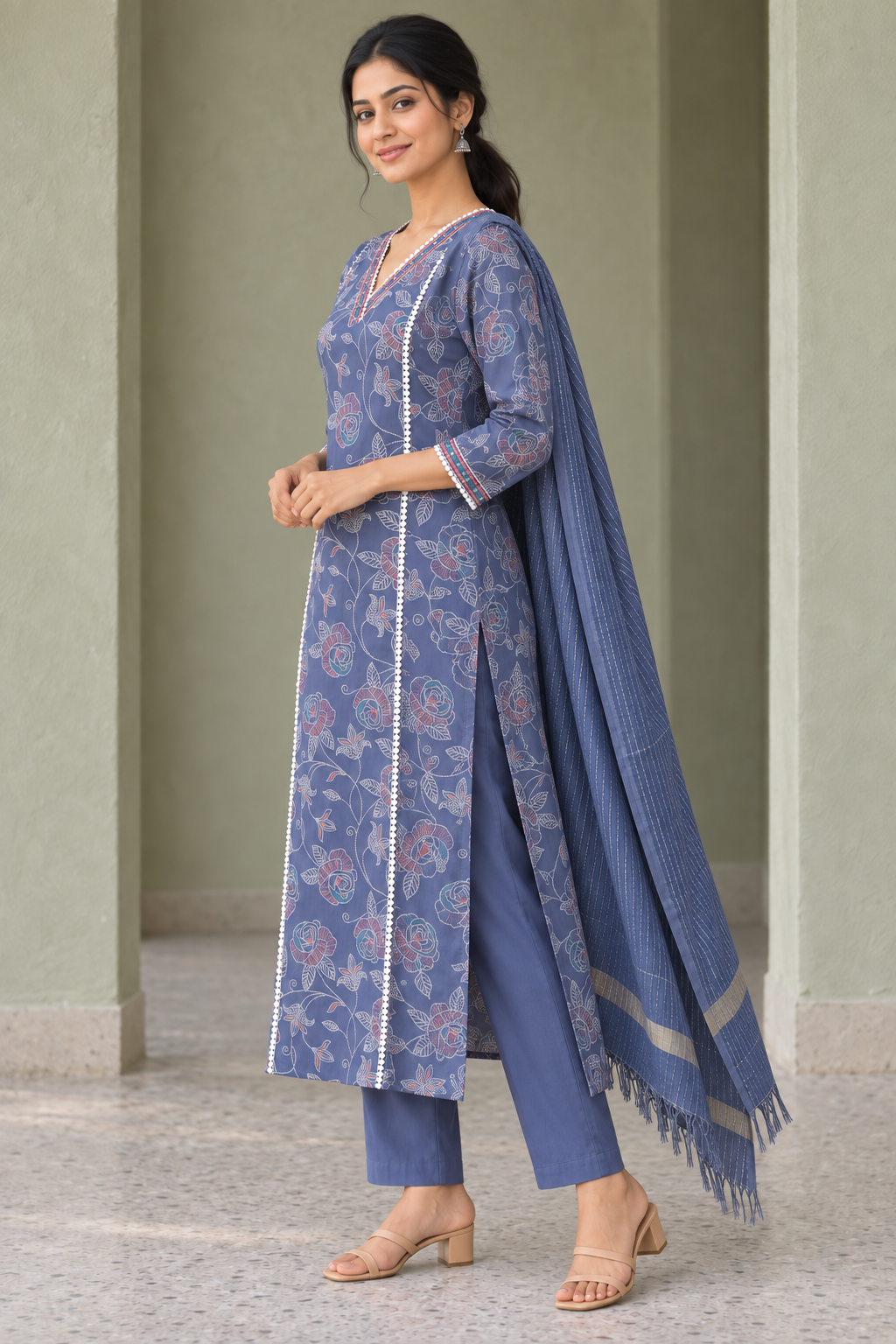 Peachmode Blue Viscose Blend Floral Printed Salwar Suit - Image 3