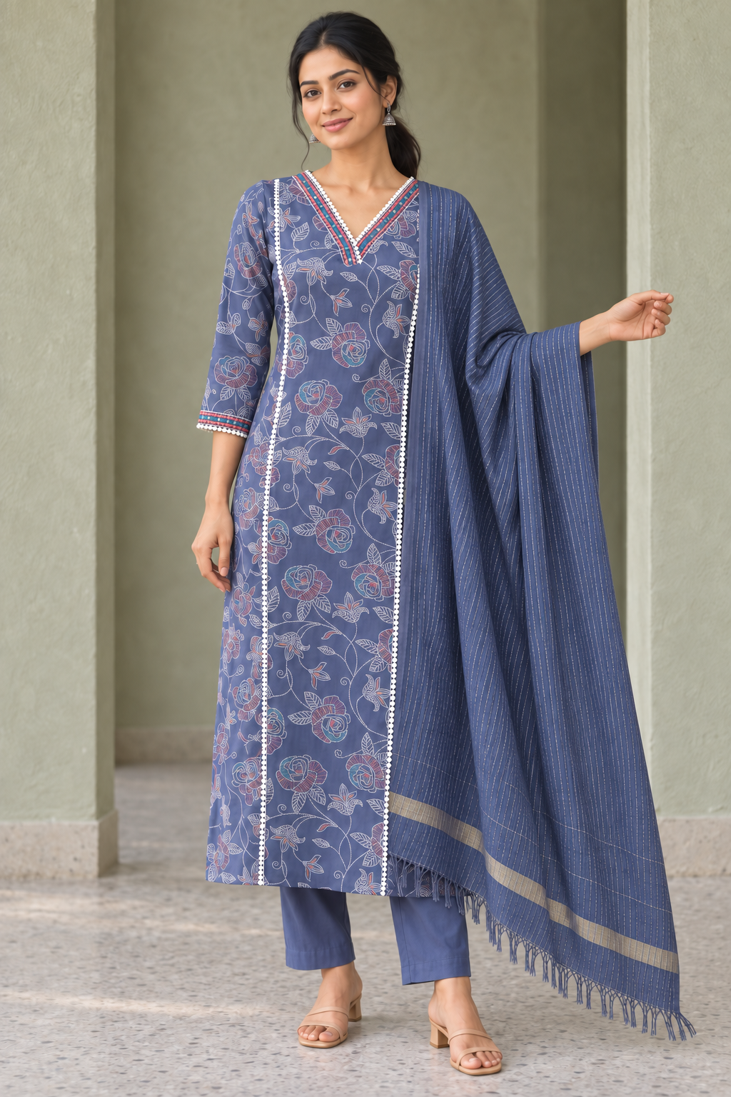 Peachmode Blue Viscose Blend Floral Printed Salwar Suit - Image 5