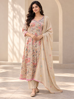 Beige Pure Cotton Floral Printed Salwar Suit - Image 1