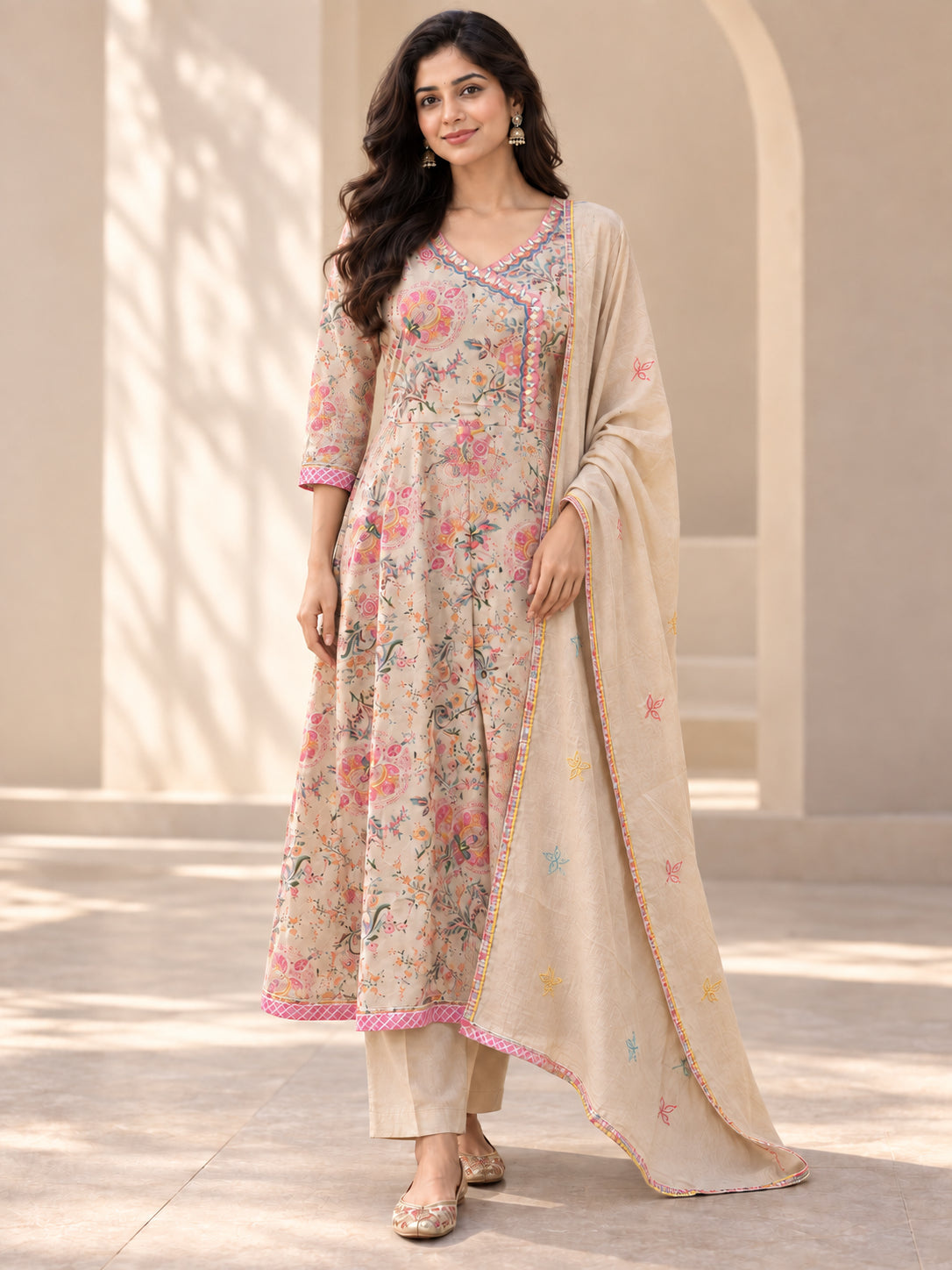 Beige Pure Cotton Floral Printed Salwar Suit - Image 2