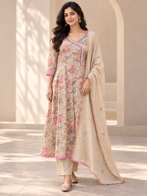 Beige Pure Cotton Floral Printed Salwar Suit - Image 2