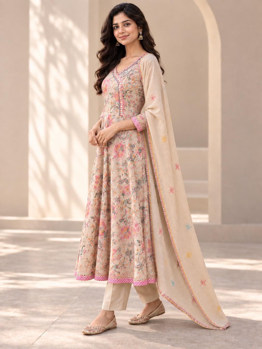 Beige Pure Cotton Floral Printed Salwar Suit - Image 3