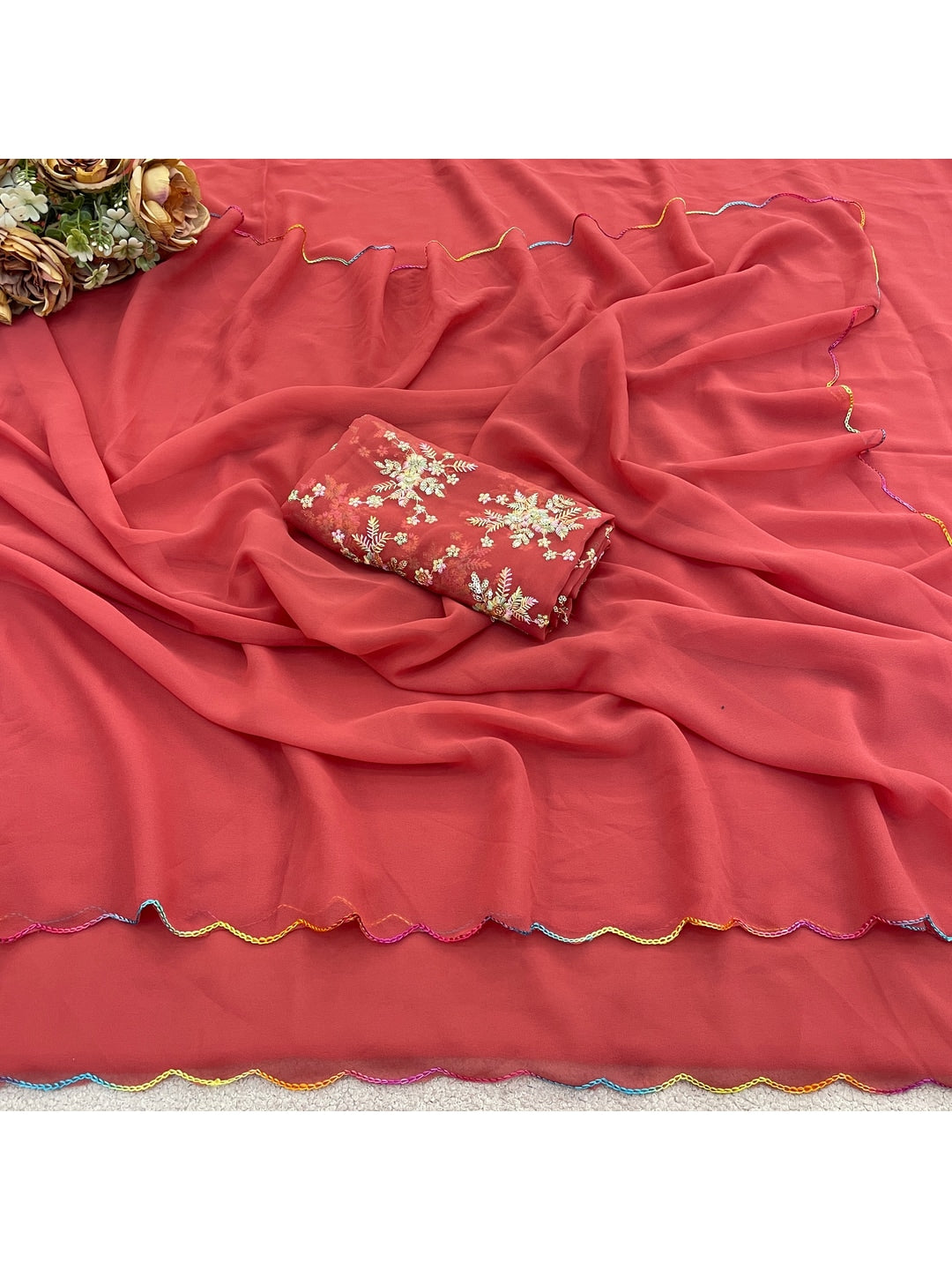 Peachmode Peach Embroidered Fox Georgette Saree - Image 4