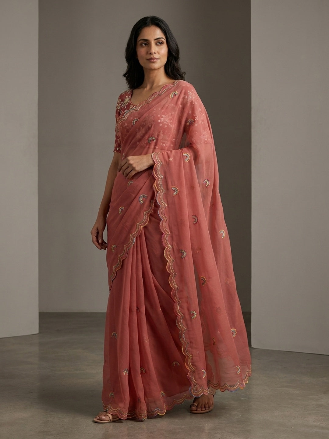 Peachmode Peach Embroidered Fox Georgette Saree - Image 1