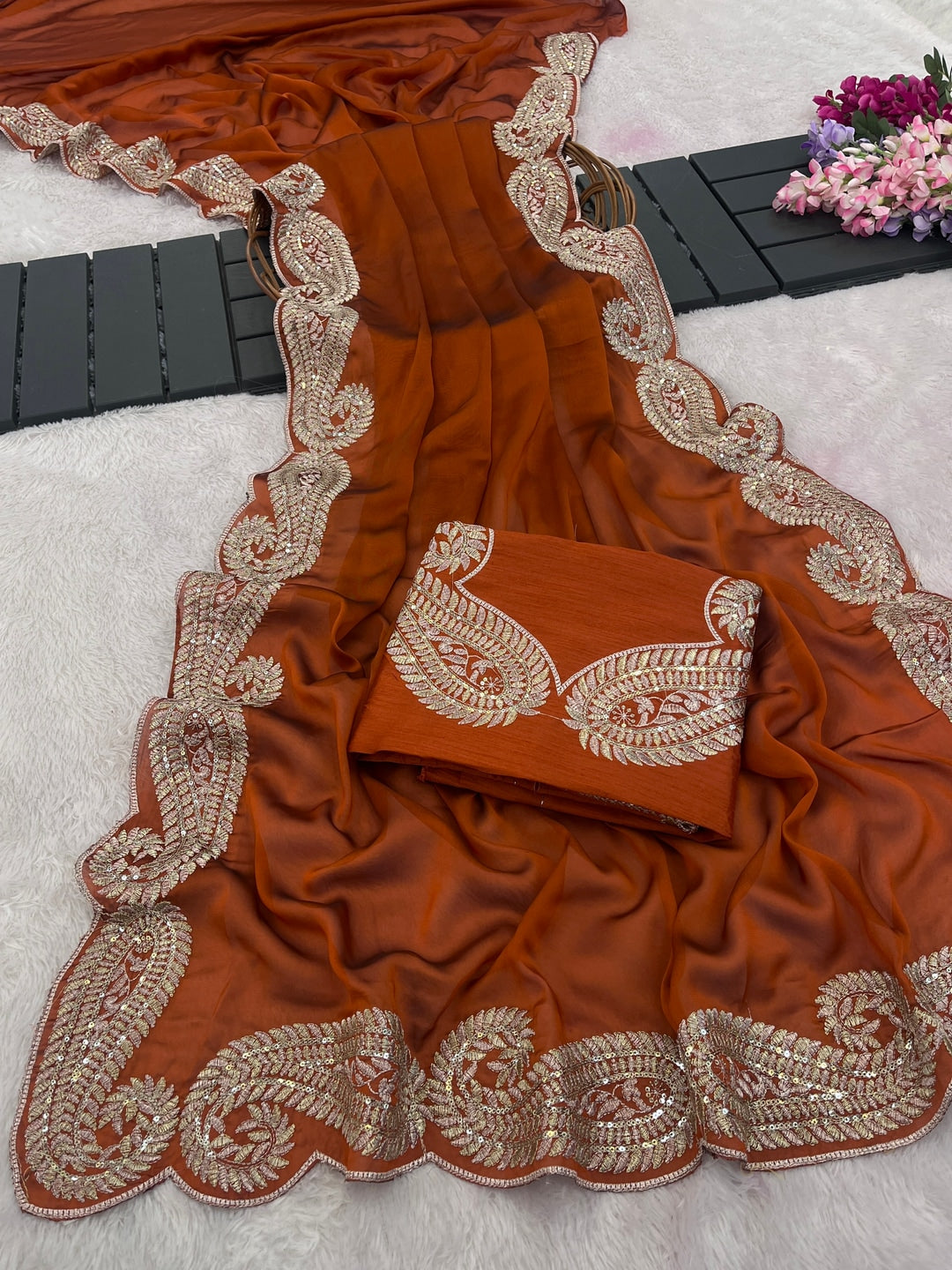 Peachmode Rust Embroidered Rangoli Silk Saree - Image 2