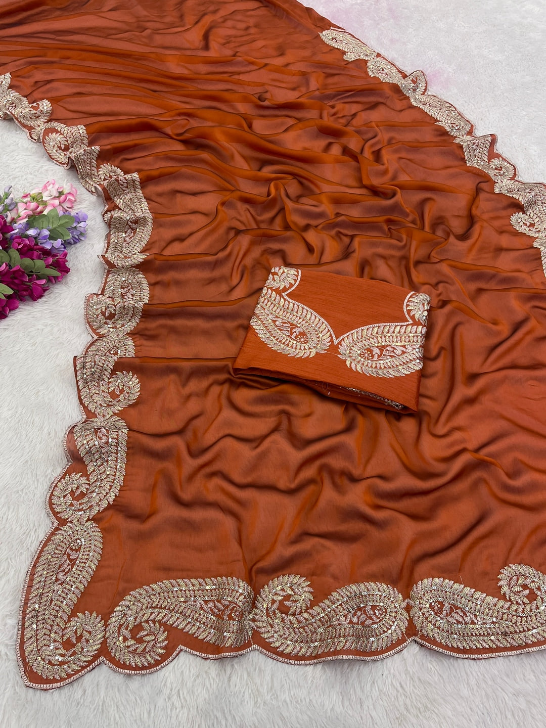 Peachmode Rust Embroidered Rangoli Silk Saree - Image 4