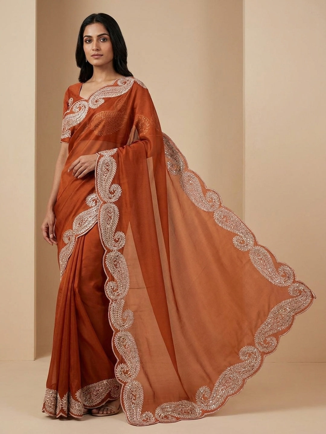 Peachmode Rust Embroidered Rangoli Silk Saree - Image 1