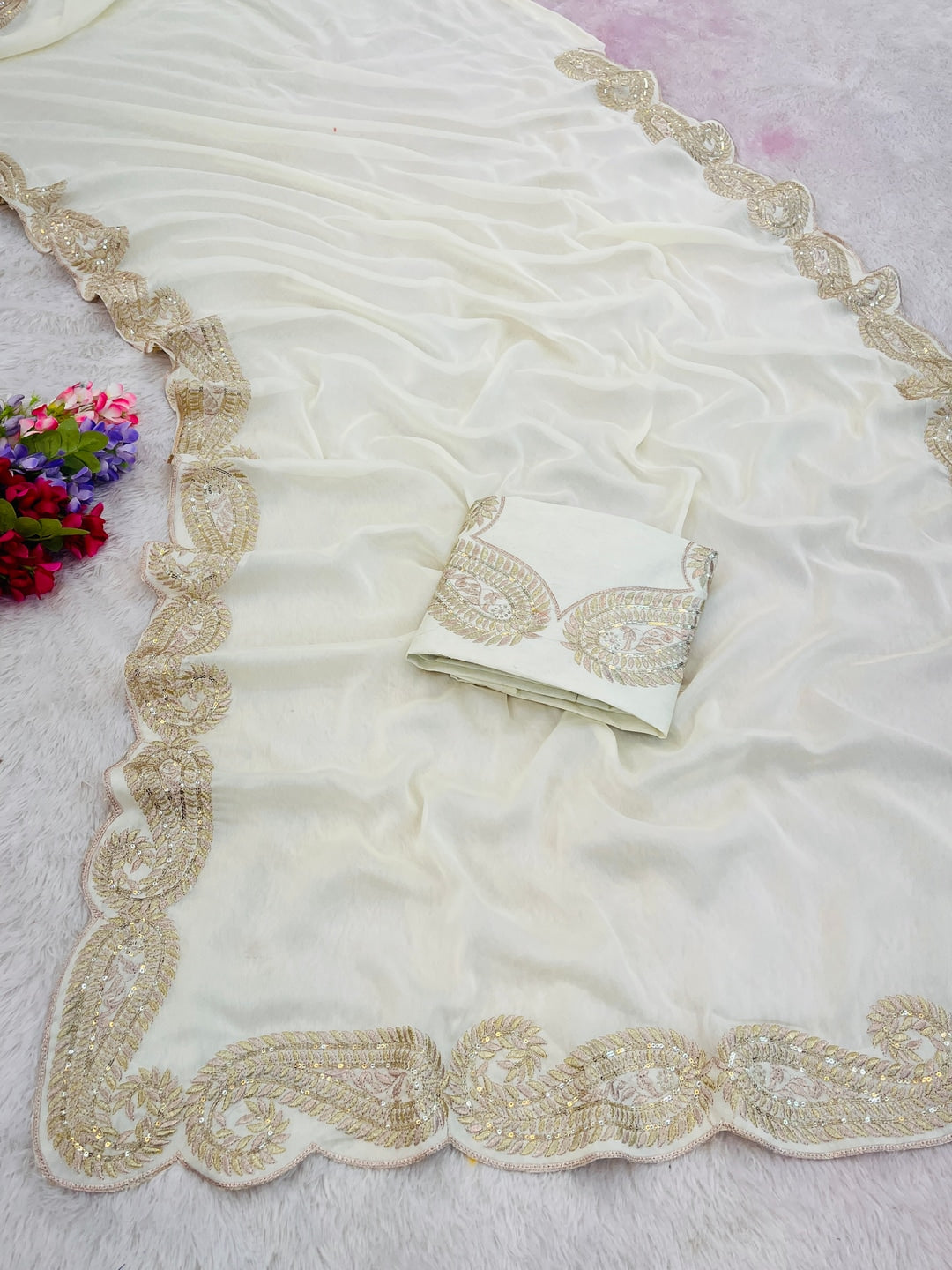 Peachmode Off White Embroidered Rangoli Silk Saree - Image 4