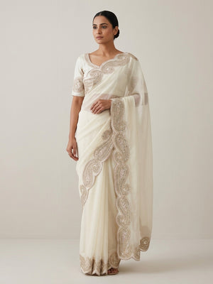 Peachmode Off White Embroidered Rangoli Silk Saree - Image 1