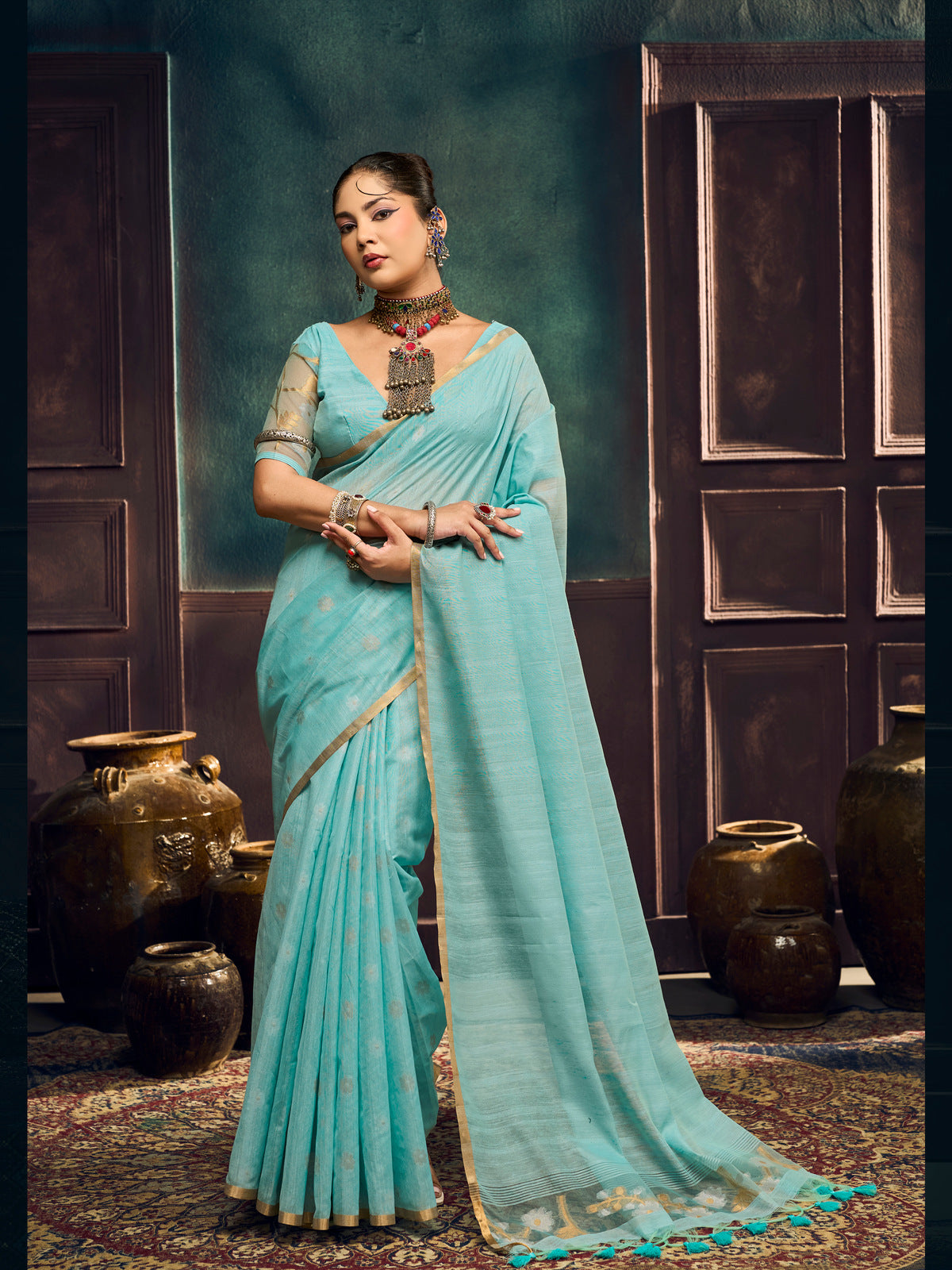 Peachmode Turquoise Munga Cotton Handloom Woven Saree - Image 1