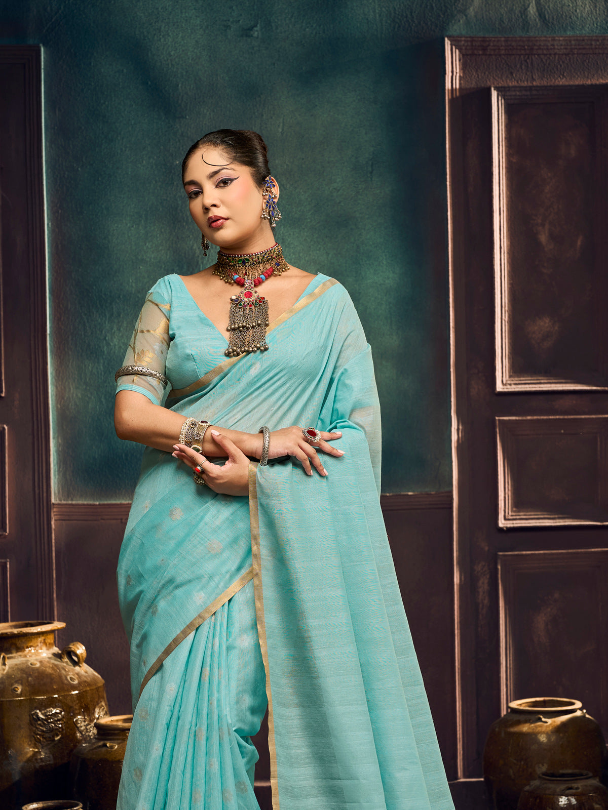 Peachmode Turquoise Munga Cotton Handloom Woven Saree - Image 2