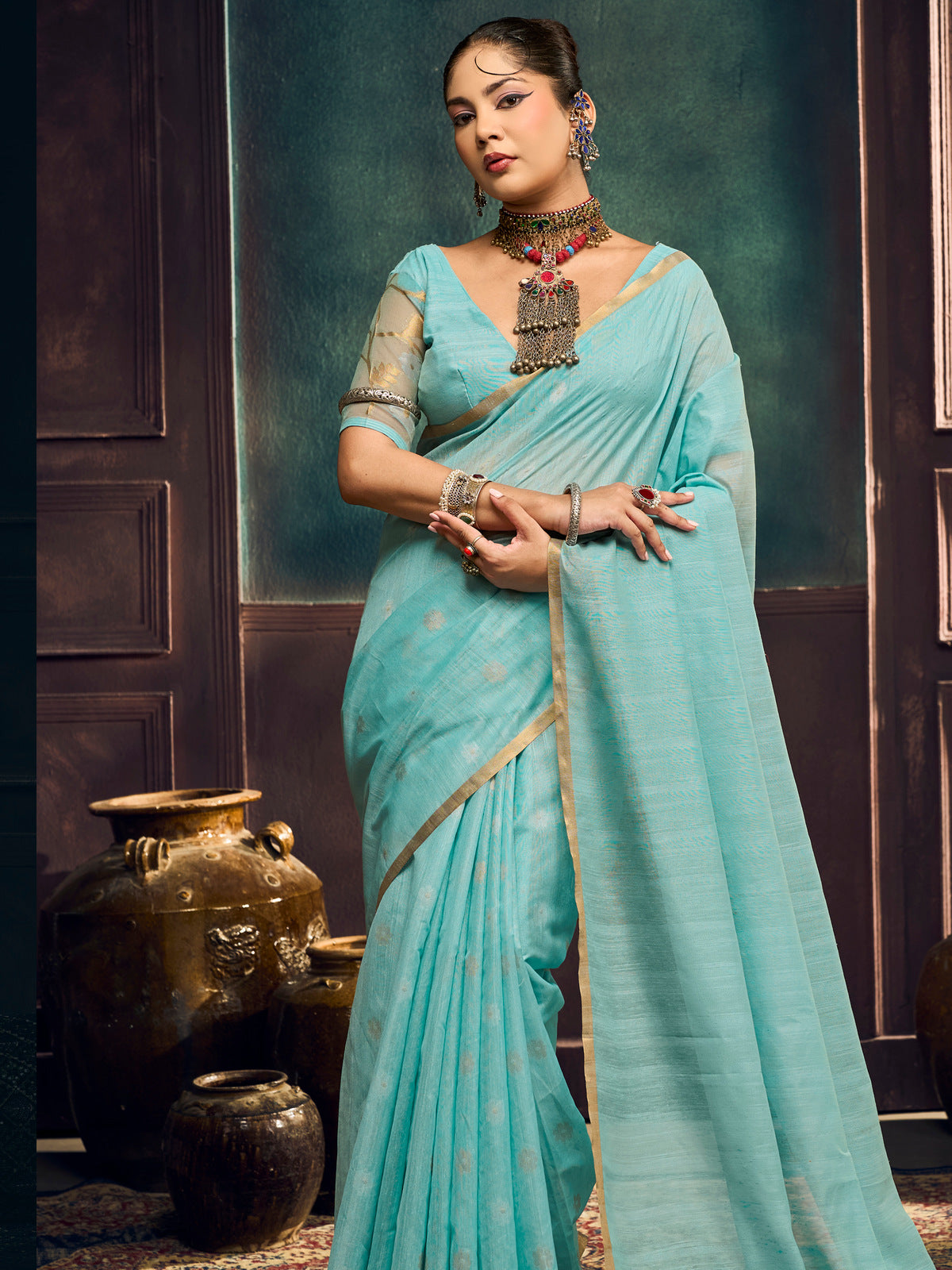 Peachmode Turquoise Munga Cotton Handloom Woven Saree - Image 3