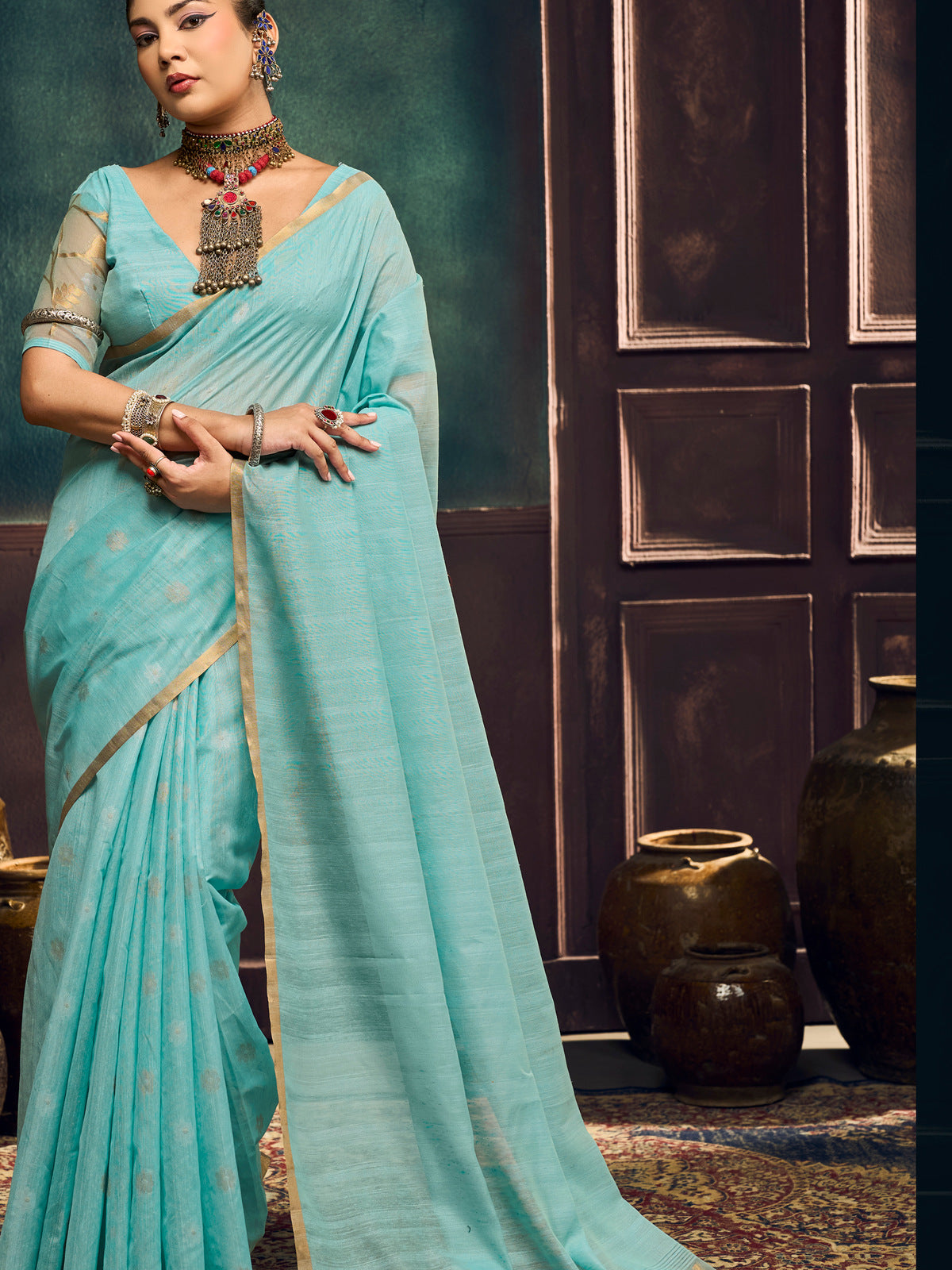 Peachmode Turquoise Munga Cotton Handloom Woven Saree - Image 4