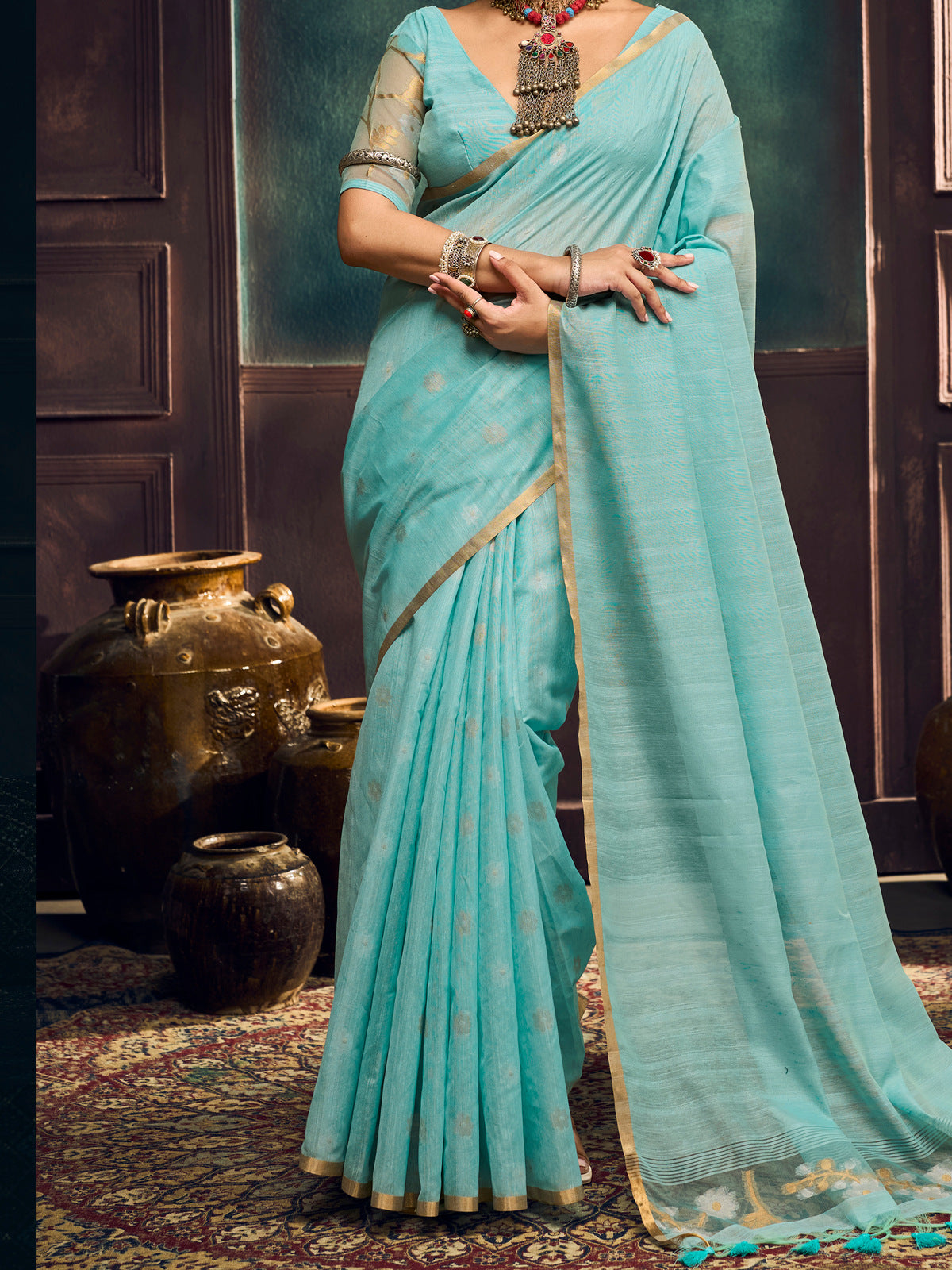 Peachmode Turquoise Munga Cotton Handloom Woven Saree - Image 5