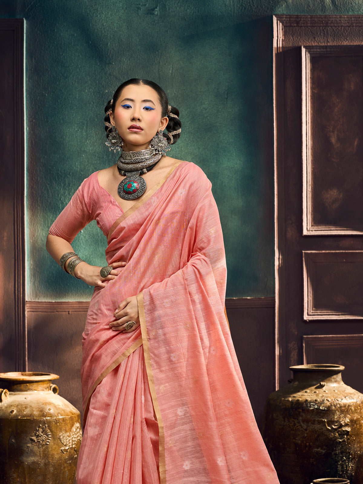 Peachmode Peach Munga Cotton Handloom Woven Saree - Image 2