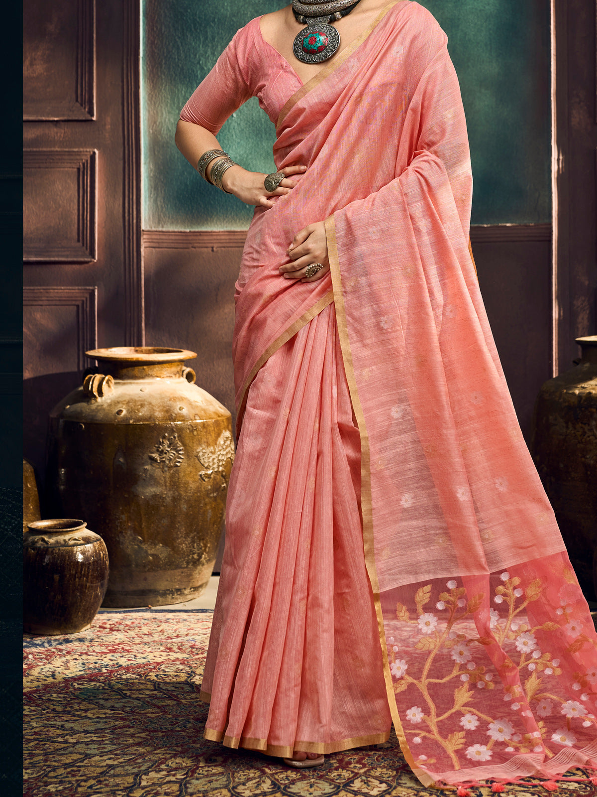 Peachmode Peach Munga Cotton Handloom Woven Saree - Image 5