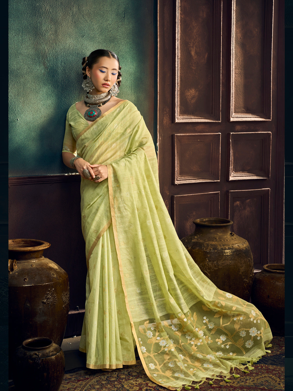 Peachmode Lime Green Munga Cotton Handloom Woven Saree - Image 1
