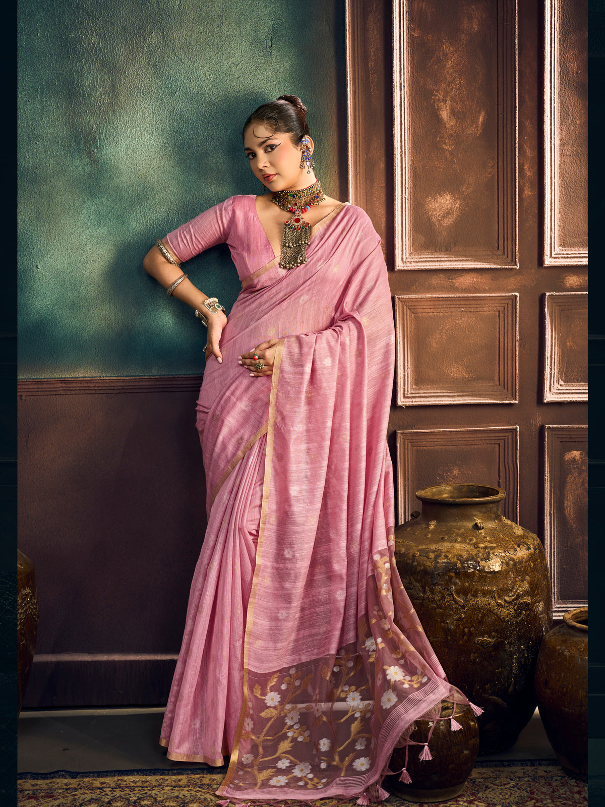 Peachmode Pink Munga Cotton Handloom Woven Saree - Image 1
