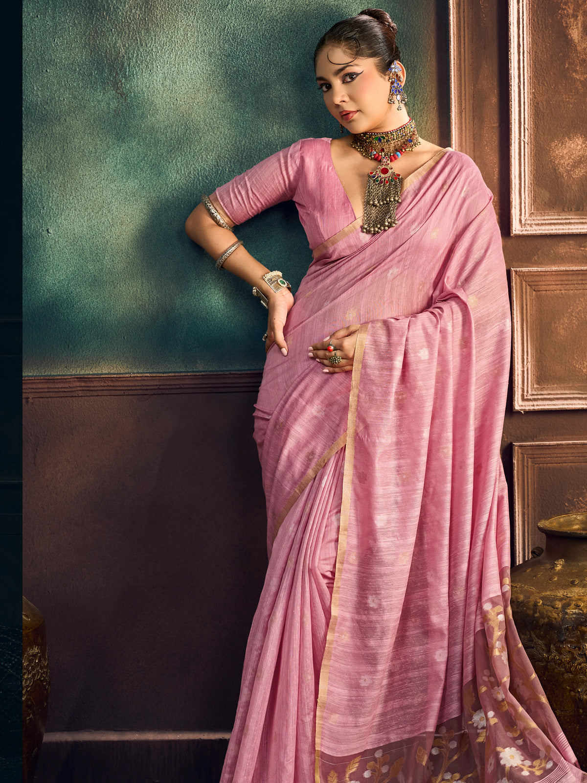 Peachmode Pink Munga Cotton Handloom Woven Saree - Image 3