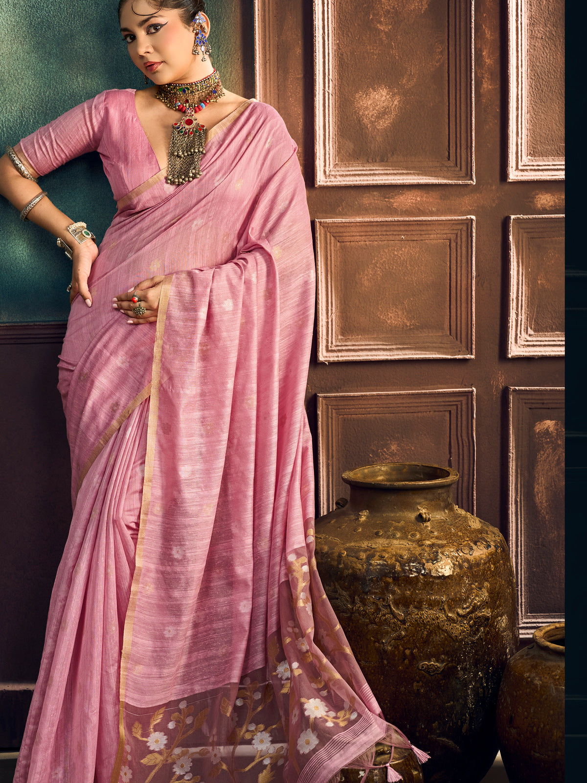 Peachmode Pink Munga Cotton Handloom Woven Saree - Image 4