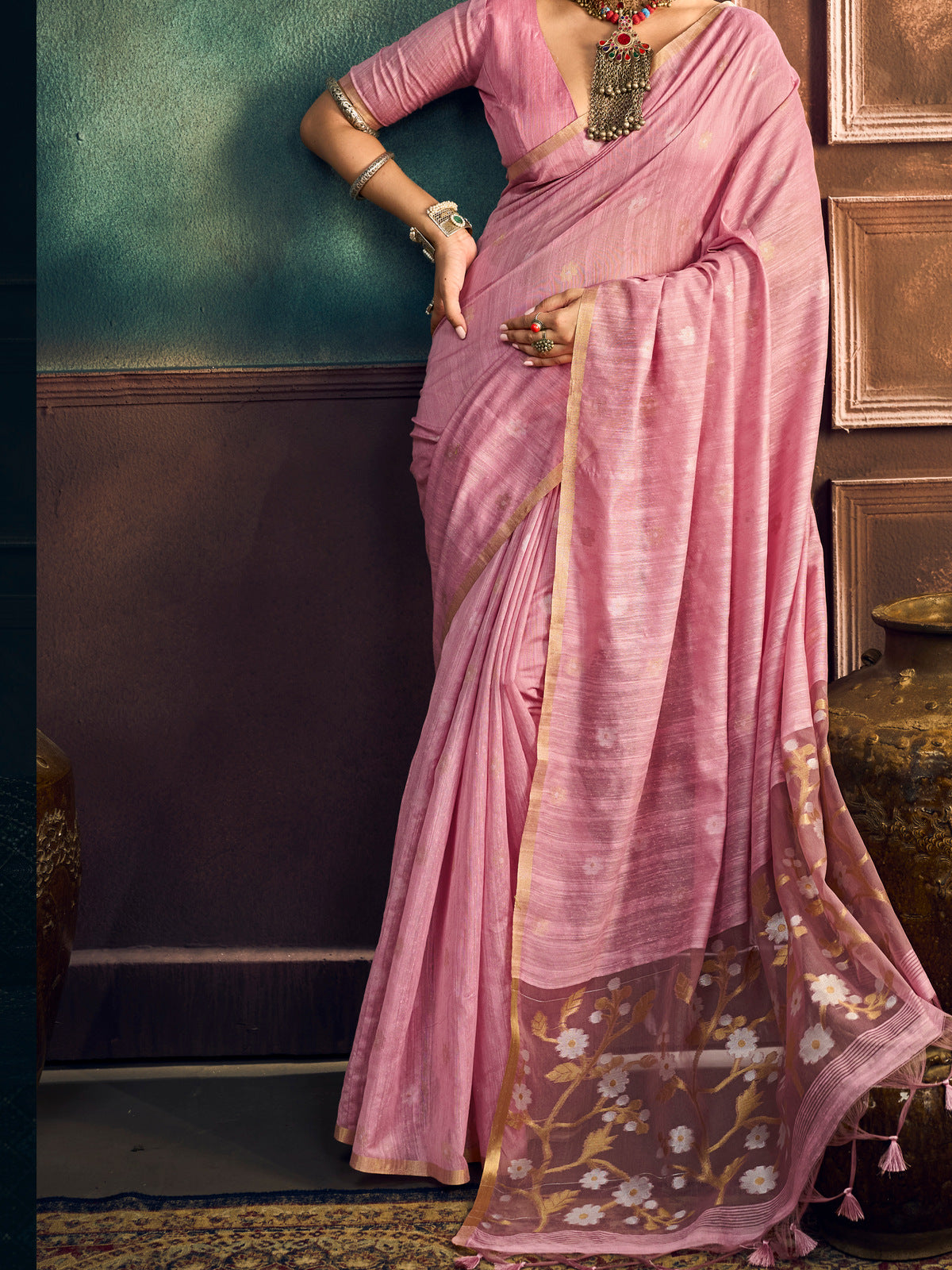 Peachmode Pink Munga Cotton Handloom Woven Saree - Image 5