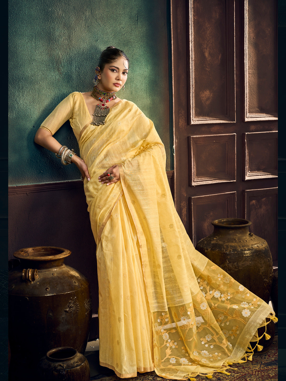 Peachmode Yellow Munga Cotton Handloom Woven Saree - Image 1