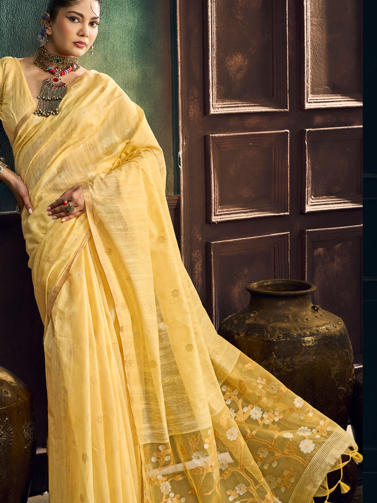 Peachmode Yellow Munga Cotton Handloom Woven Saree - Image 4