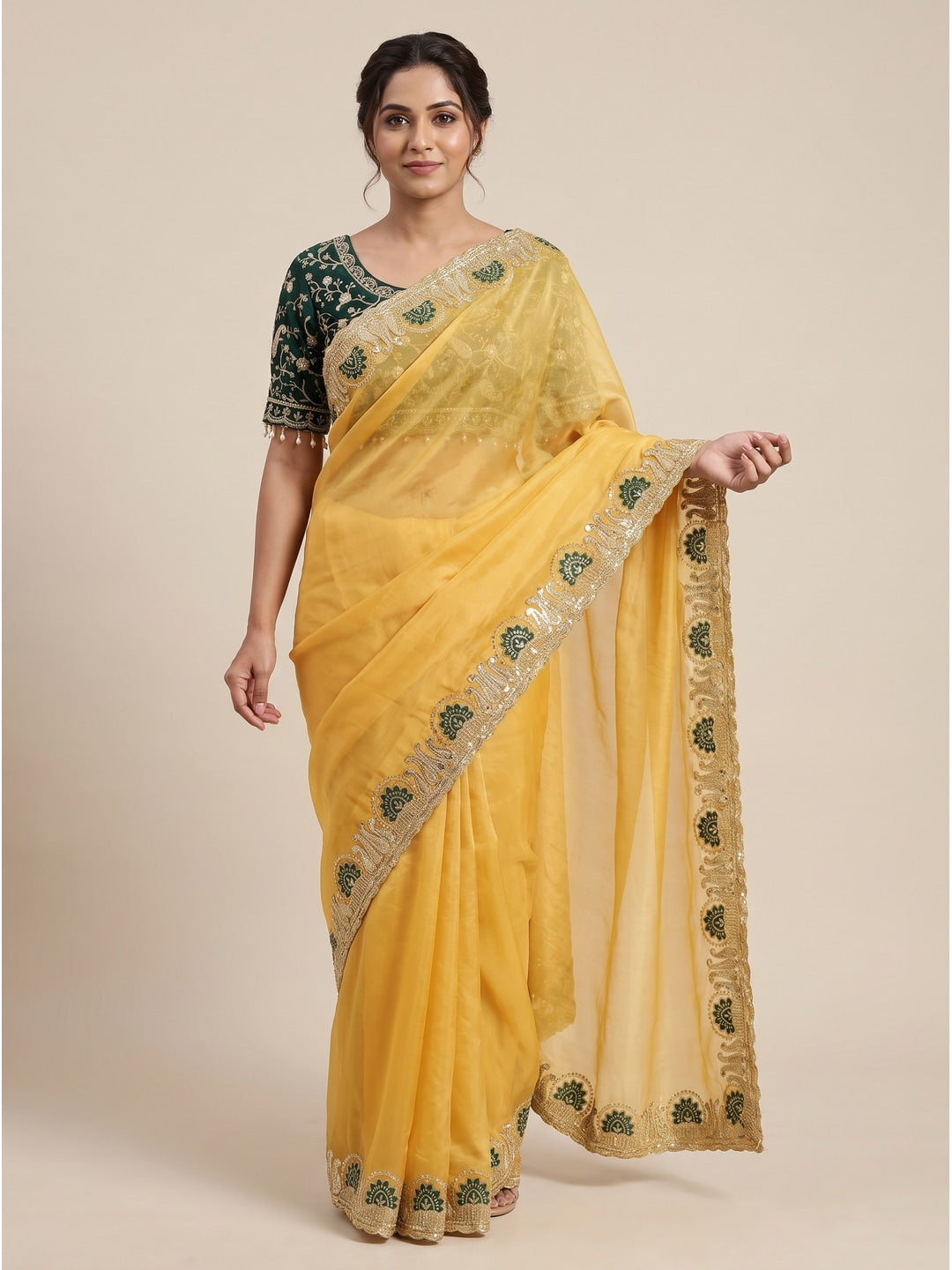 Peachmode Yellow Embroidered Fendy Satin Silk Saree With Stitched Blouse - Image 1