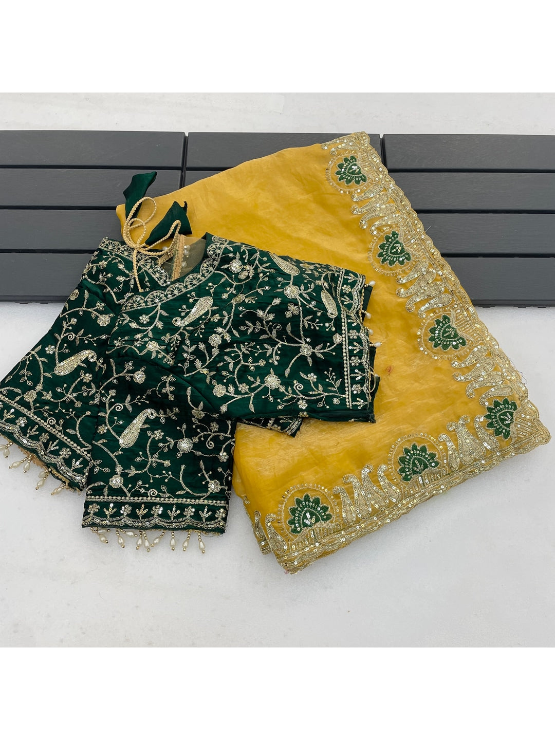 Peachmode Yellow Embroidered Fendy Satin Silk Saree With Stitched Blouse - Image 2
