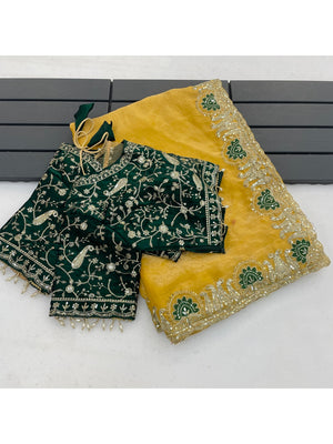 Peachmode Yellow Embroidered Fendy Satin Silk Saree With Stitched Blouse - Image 2