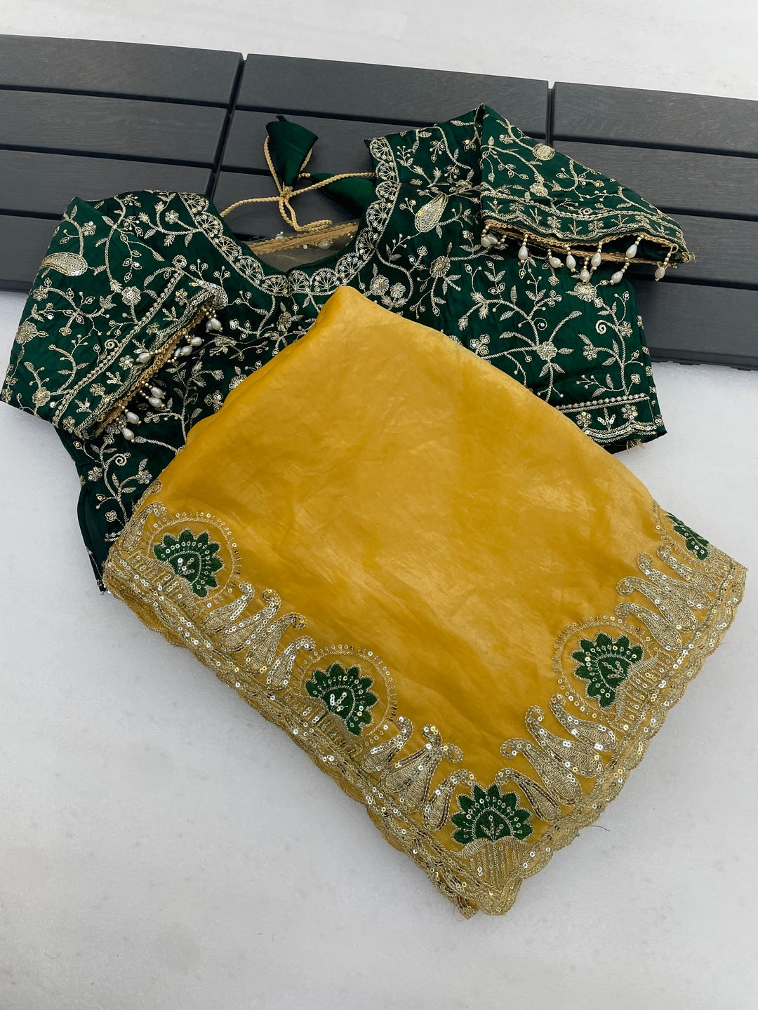 Peachmode Yellow Embroidered Fendy Satin Silk Saree With Stitched Blouse - Image 3