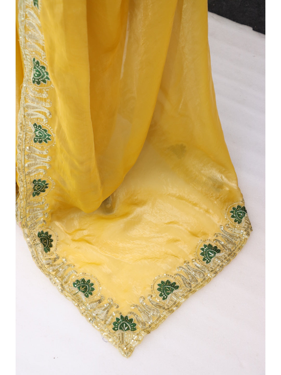 Peachmode Yellow Embroidered Fendy Satin Silk Saree With Stitched Blouse - Image 4