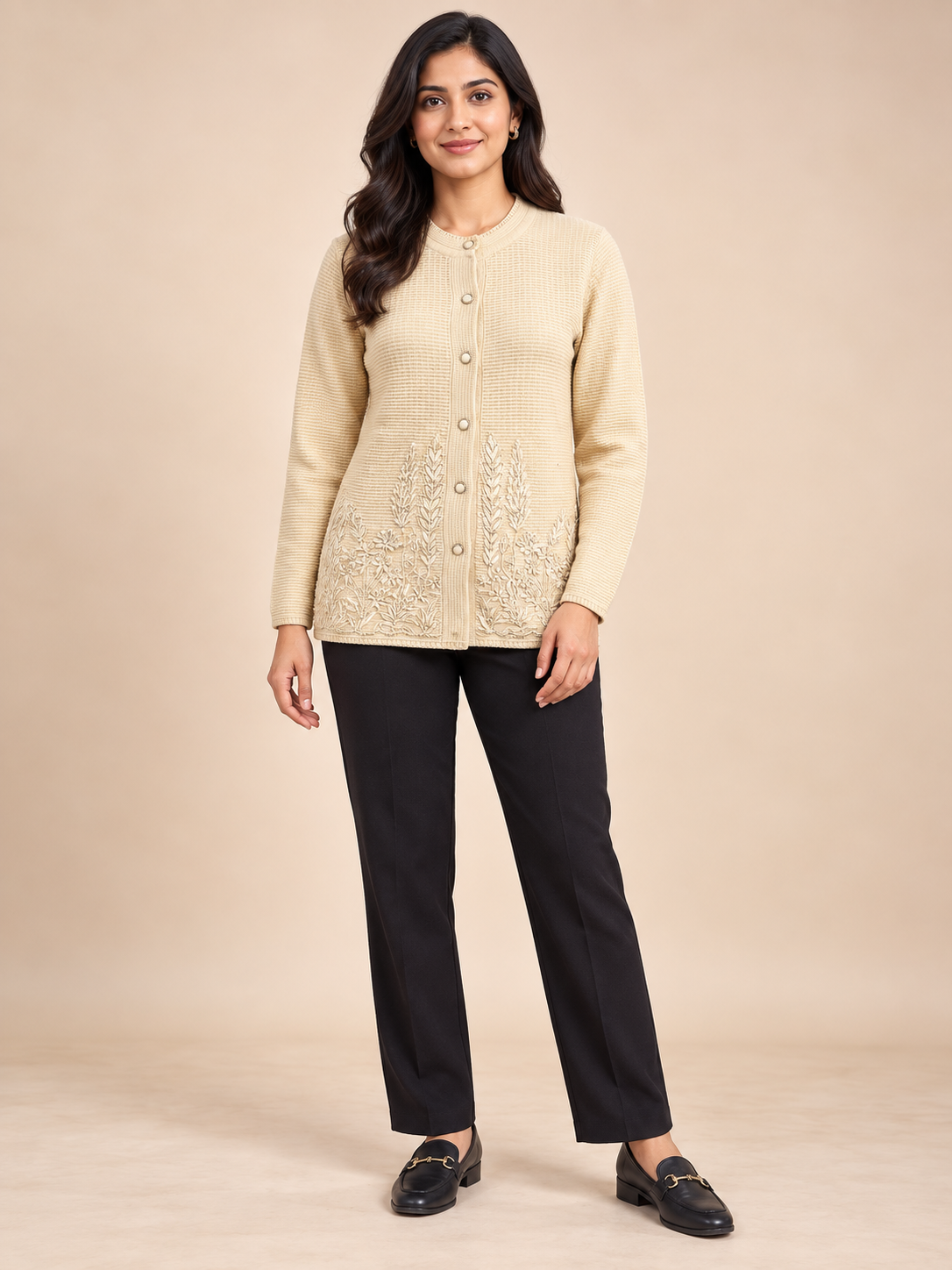 Beige Woolen Knit Cardigan - Image 1