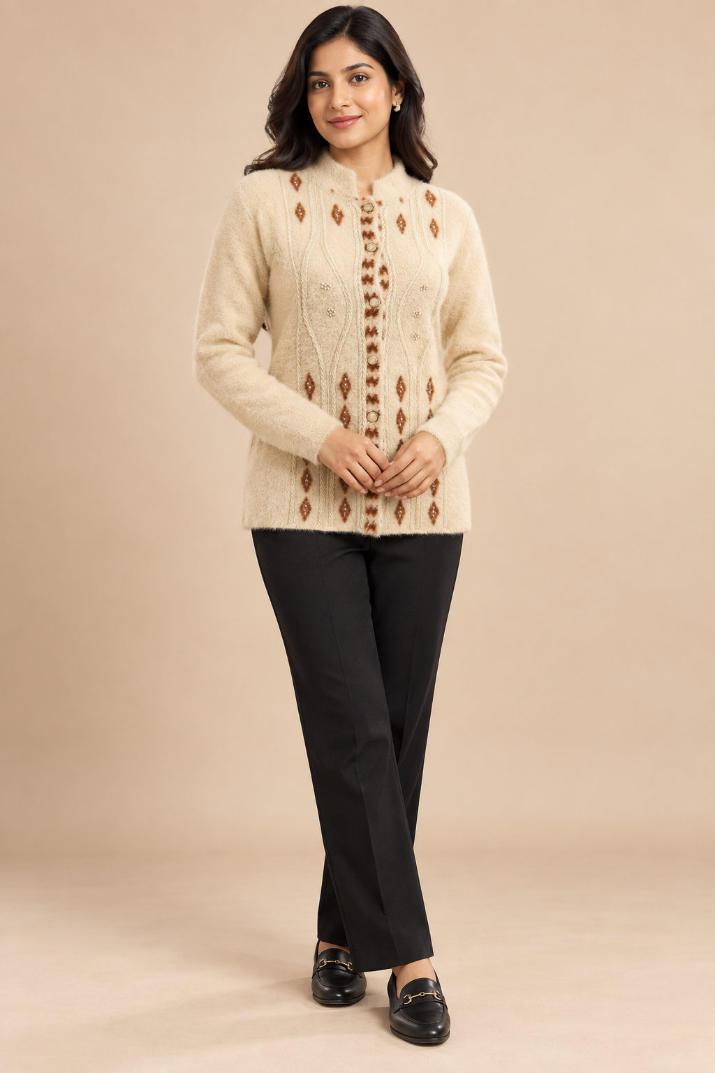 Beige Woolen Knit Cardigan - Image 1