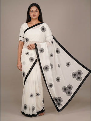 Peachmode Off White Floral Sequin Georgette Saree With Blouse - Image 1