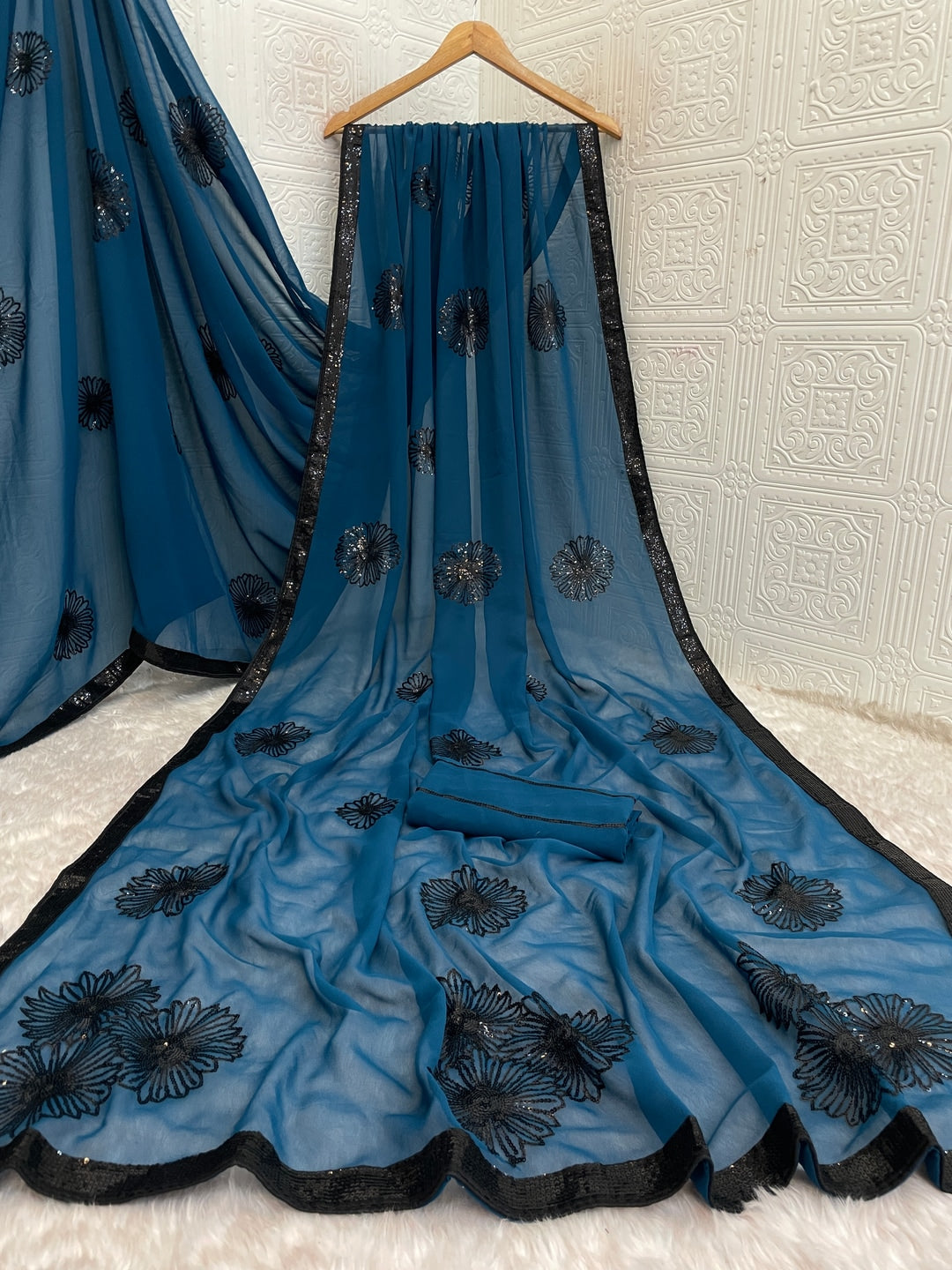 Peachmode Teal Blue Floral Sequin Georgette Saree With Blouse - Image 2