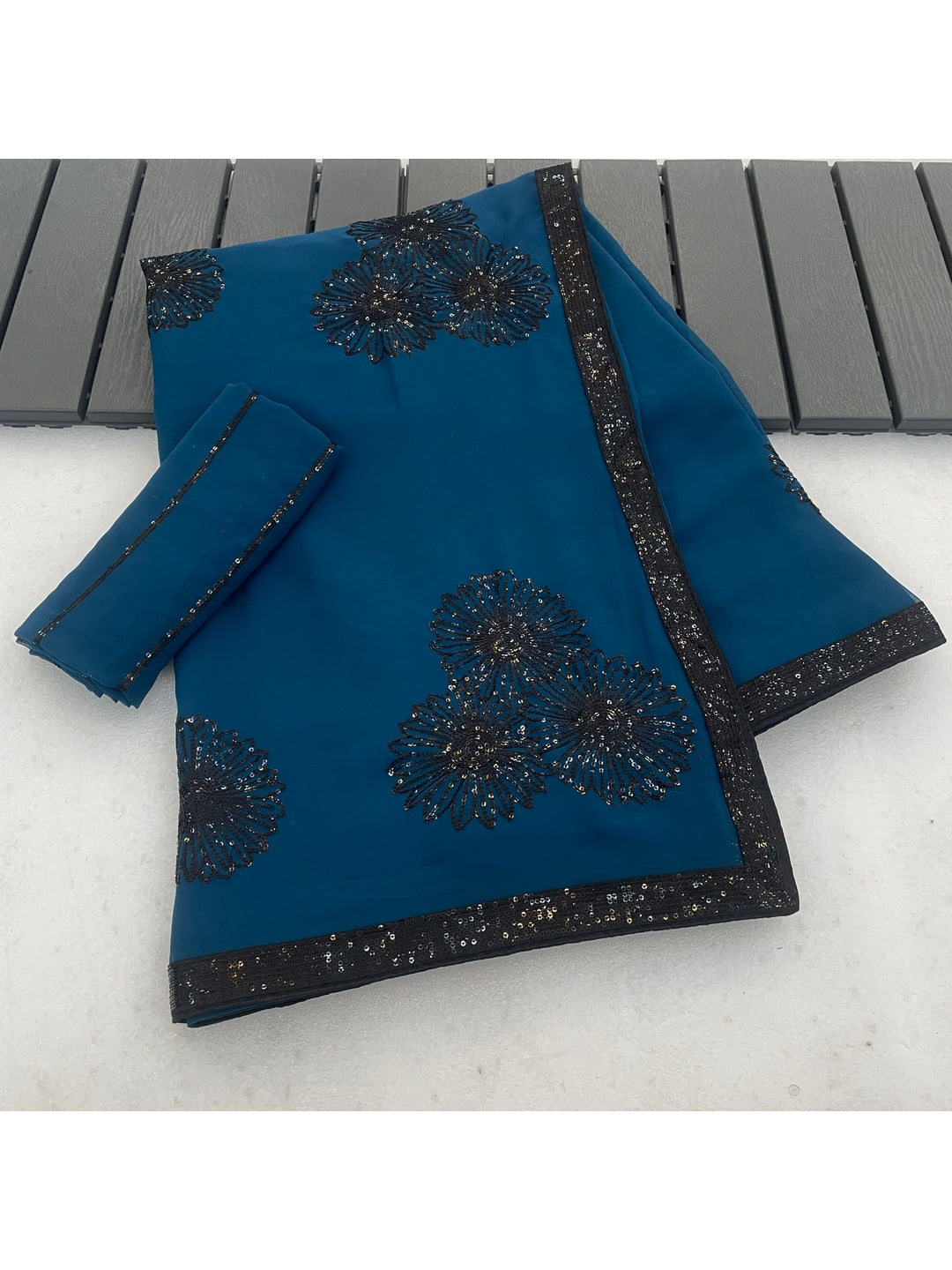 Peachmode Teal Blue Floral Sequin Georgette Saree With Blouse - Image 4