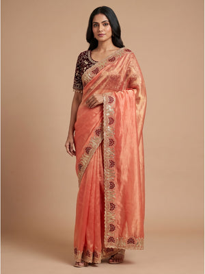 Peachmode Peach Embroidered Fendy Satin Silk Saree With Stitched Blouse - Image 1